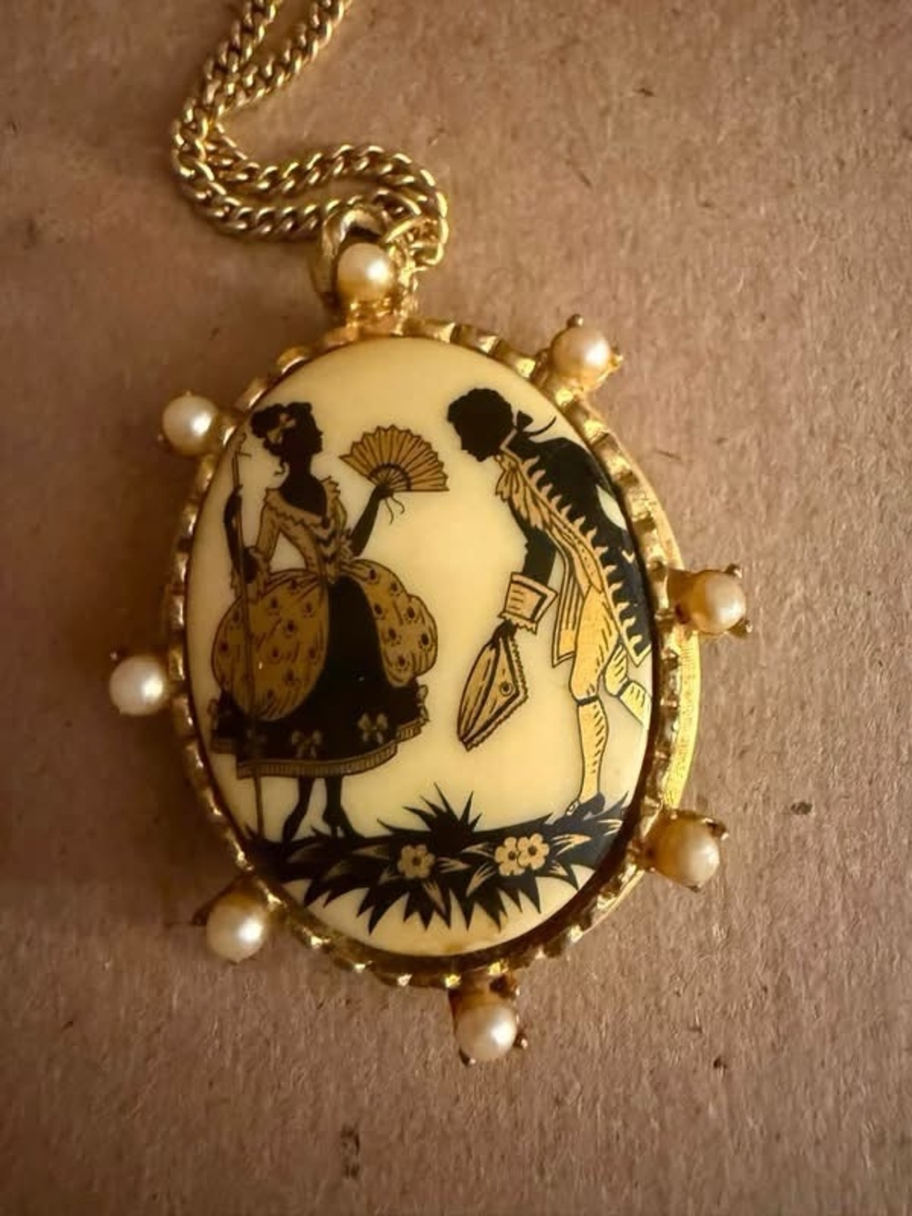 Gold-Tone Cream Cameo Pendant Necklace with Pearl Accents